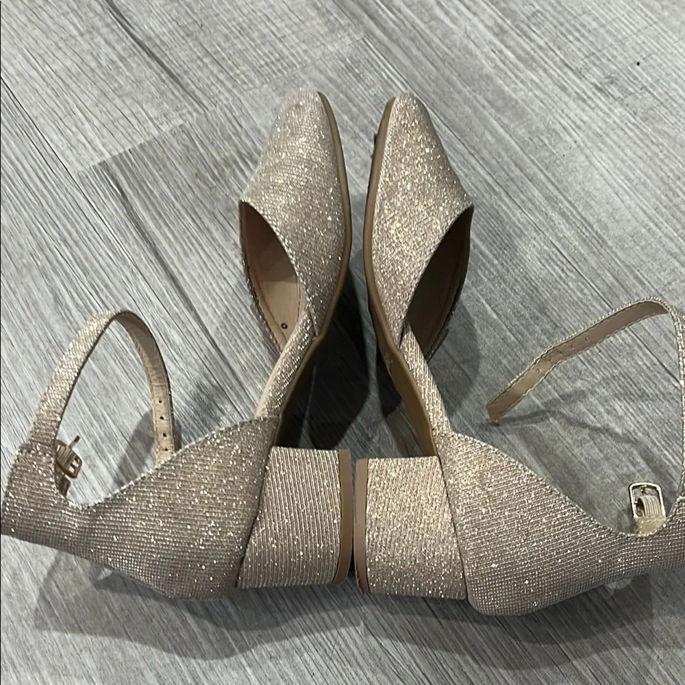 Gold Dress Shoes with Ankle Straps and Shimmery Finish